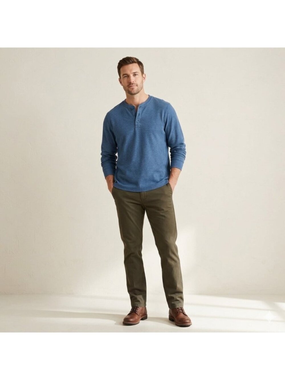 L.L. Bean Unshrinkable Mini Waffle Henley XL Blue Traditional Fit Thermal 502224